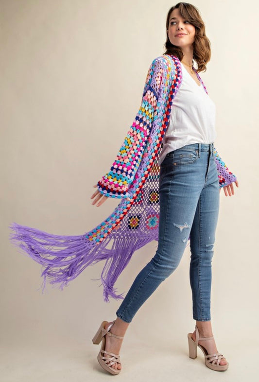 Purple Granny Square Duster w/ Fringe detail