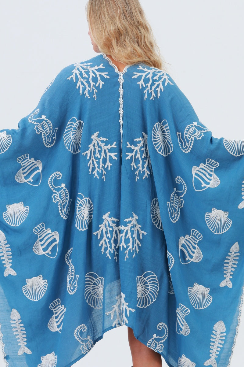 Seahorse Coral Seashell Embroidered Kimono β Ocean Breeze Cover-Up ππ Leto Collection