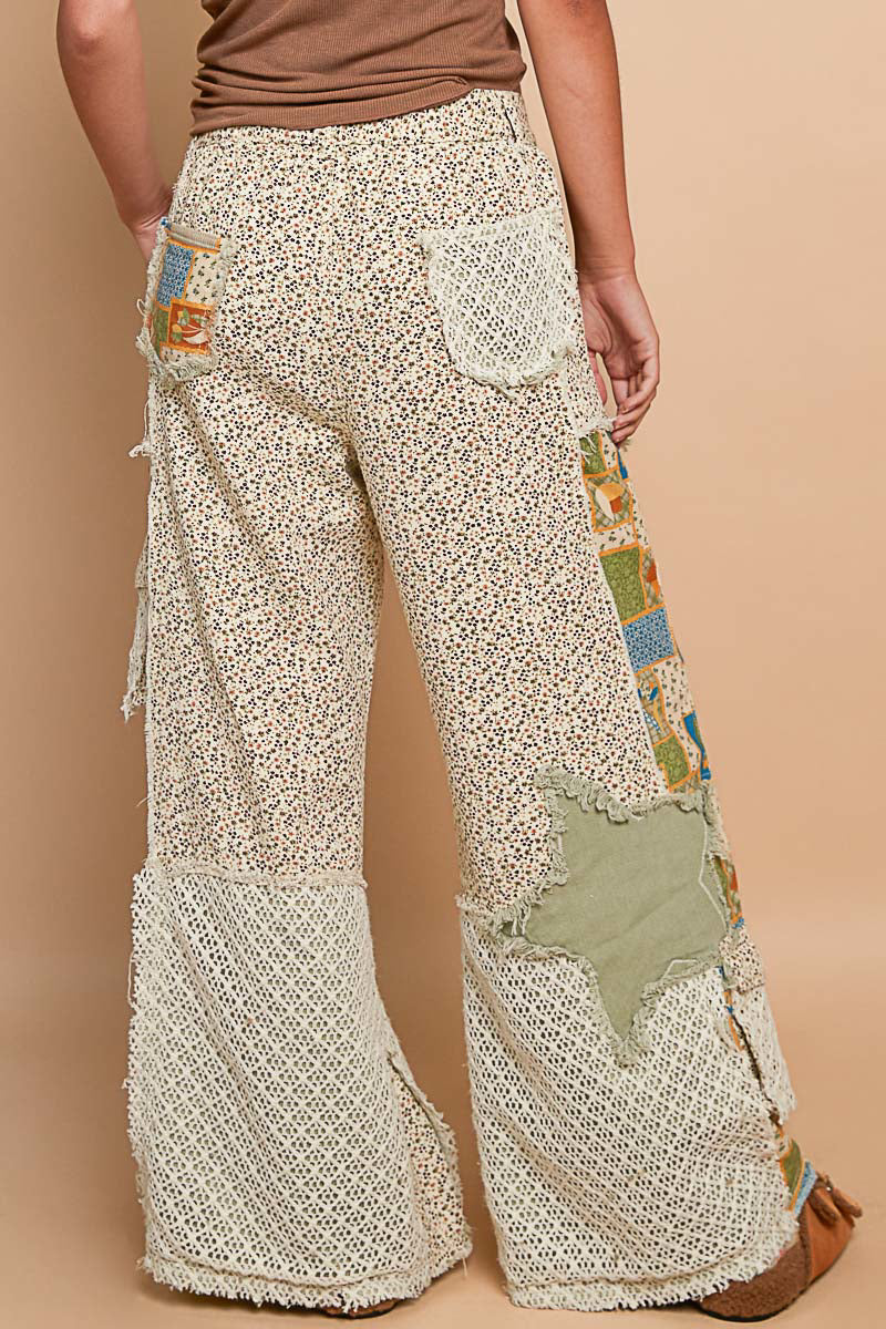POL Floral Print Pants with Patchwork Star & Crochet Accent Panels