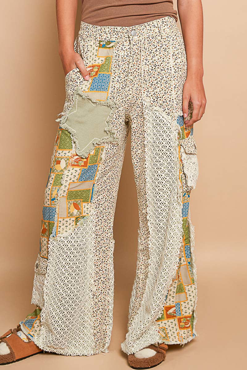 POL Floral Print Pants with Patchwork Star & Crochet Accent Panels