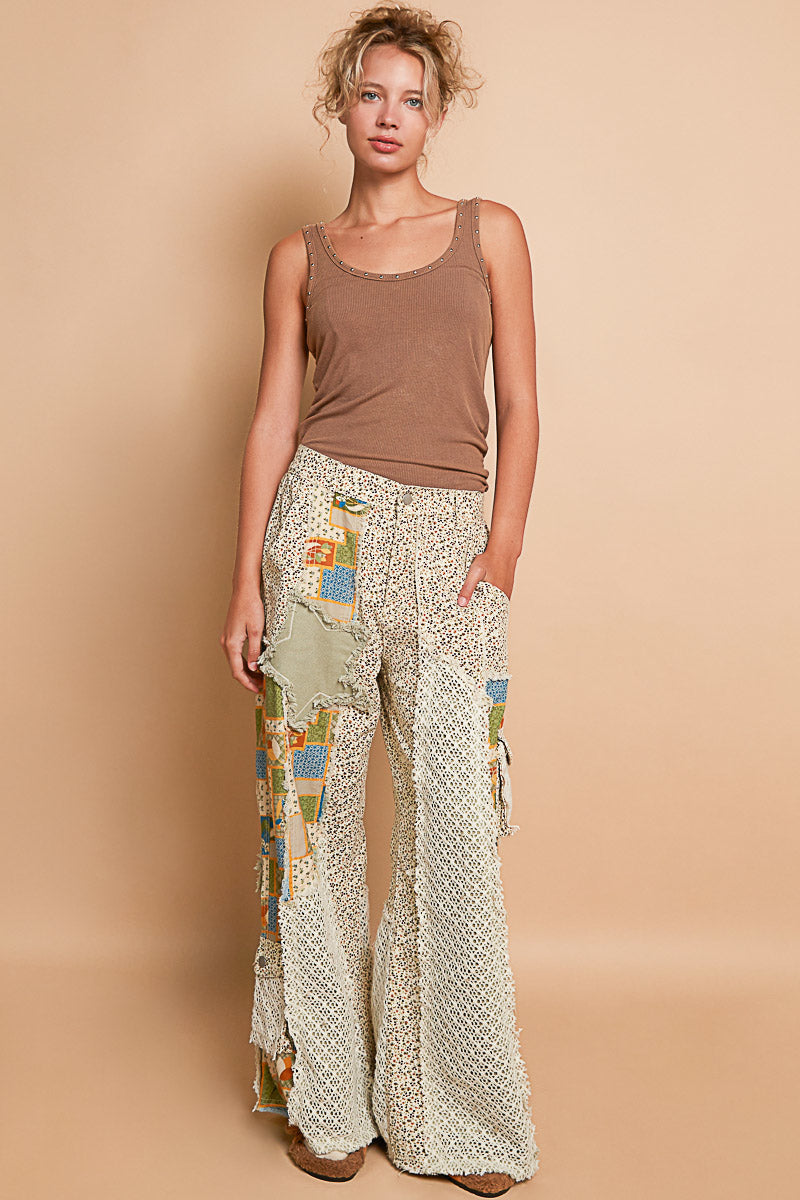 POL Floral Print Pants with Patchwork Star & Crochet Accent Panels