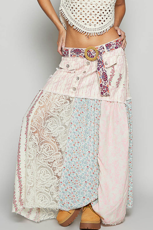 POL Pink Multi Patchwork lace Boho Hippie Maxi Skirt