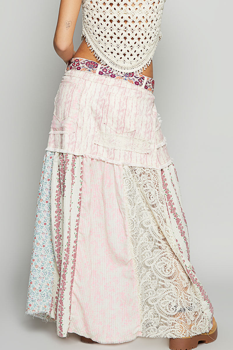 POL Pink Multi Patchwork lace Boho Hippie Maxi Skirt