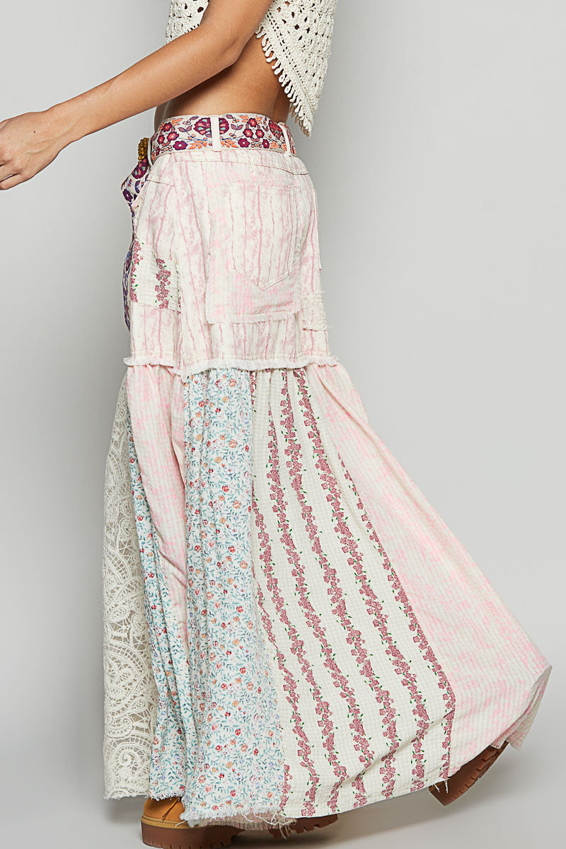 POL Pink Multi Patchwork lace Boho Hippie Maxi Skirt