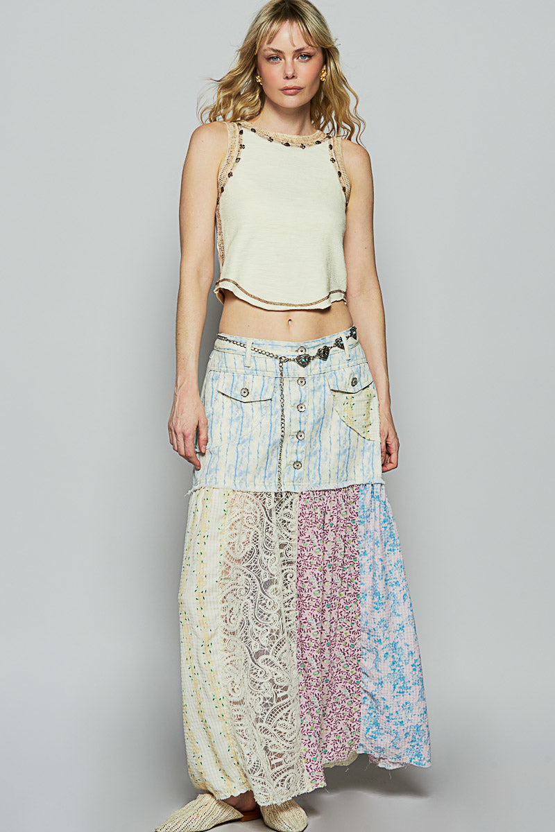 POL Denim Multi Patchwork lace Boho Hippie Maxi Skirt