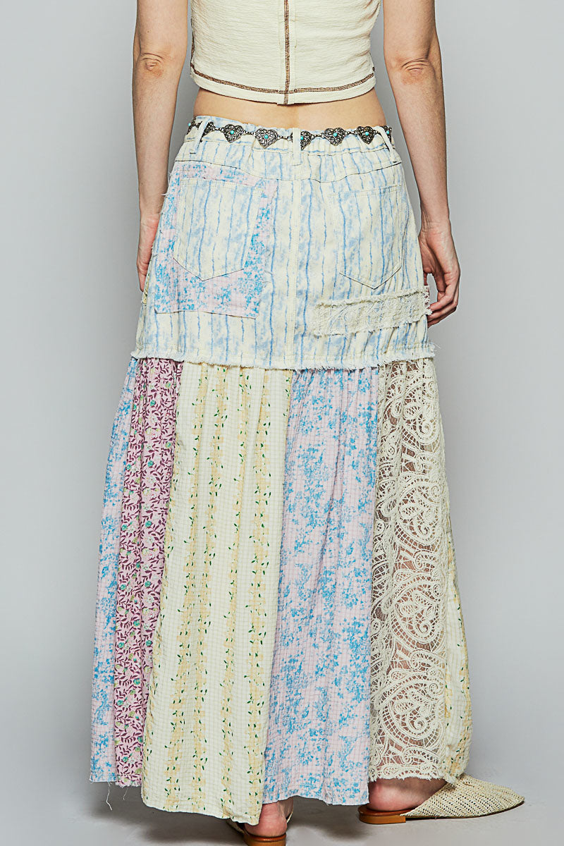 POL Denim Multi Patchwork lace Boho Hippie Maxi Skirt