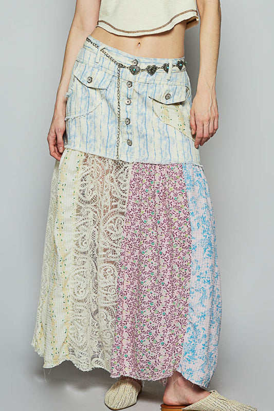 POL Denim Multi Patchwork lace Boho Hippie Maxi Skirt