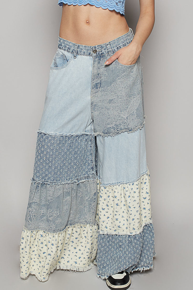 POL Denim Panel Patchwork Pants