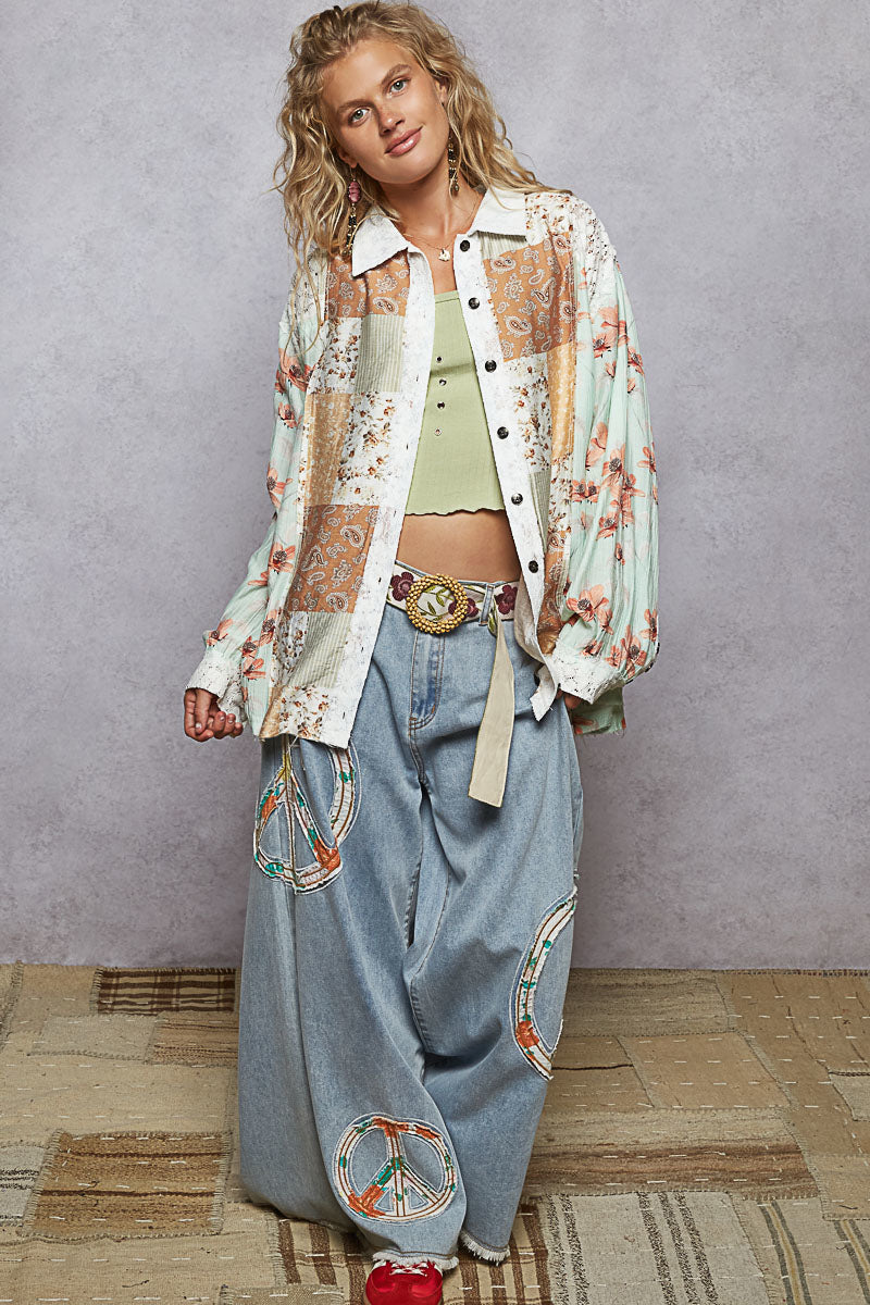 POL Peace Sign Denim Wide-leg pants