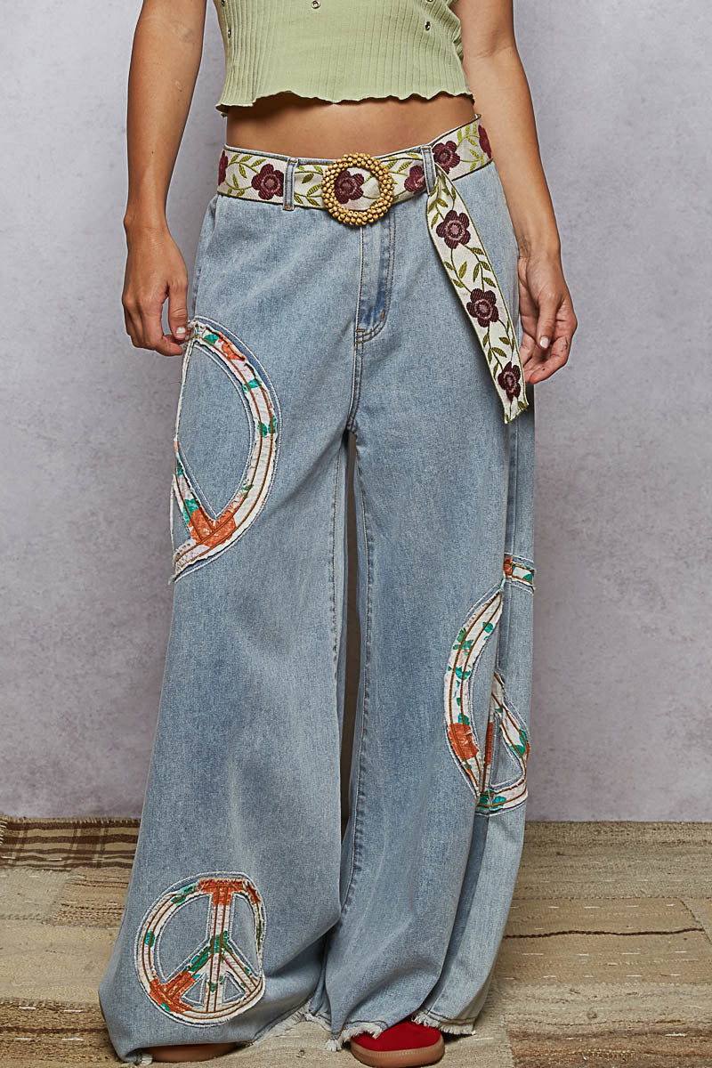 POL Peace Sign Denim Wide-leg pants