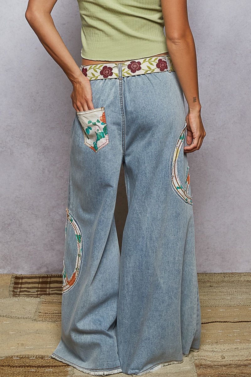 POL Peace Sign Denim Wide-leg pants