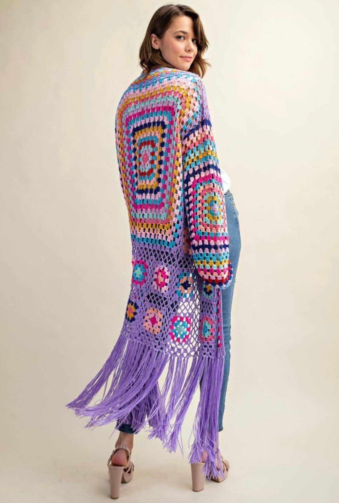 Purple Granny Square Duster w/ Fringe detail