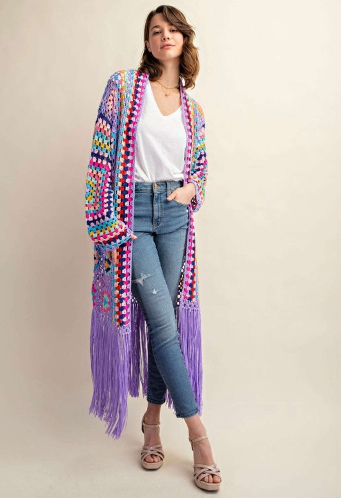 Purple Granny Square Duster w/ Fringe detail