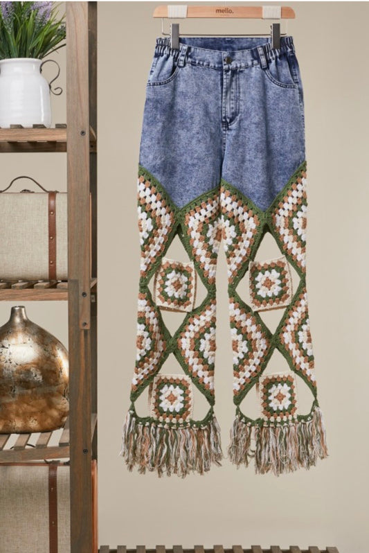 Mello Boho Granny‑Square Crochet Fringe Pants