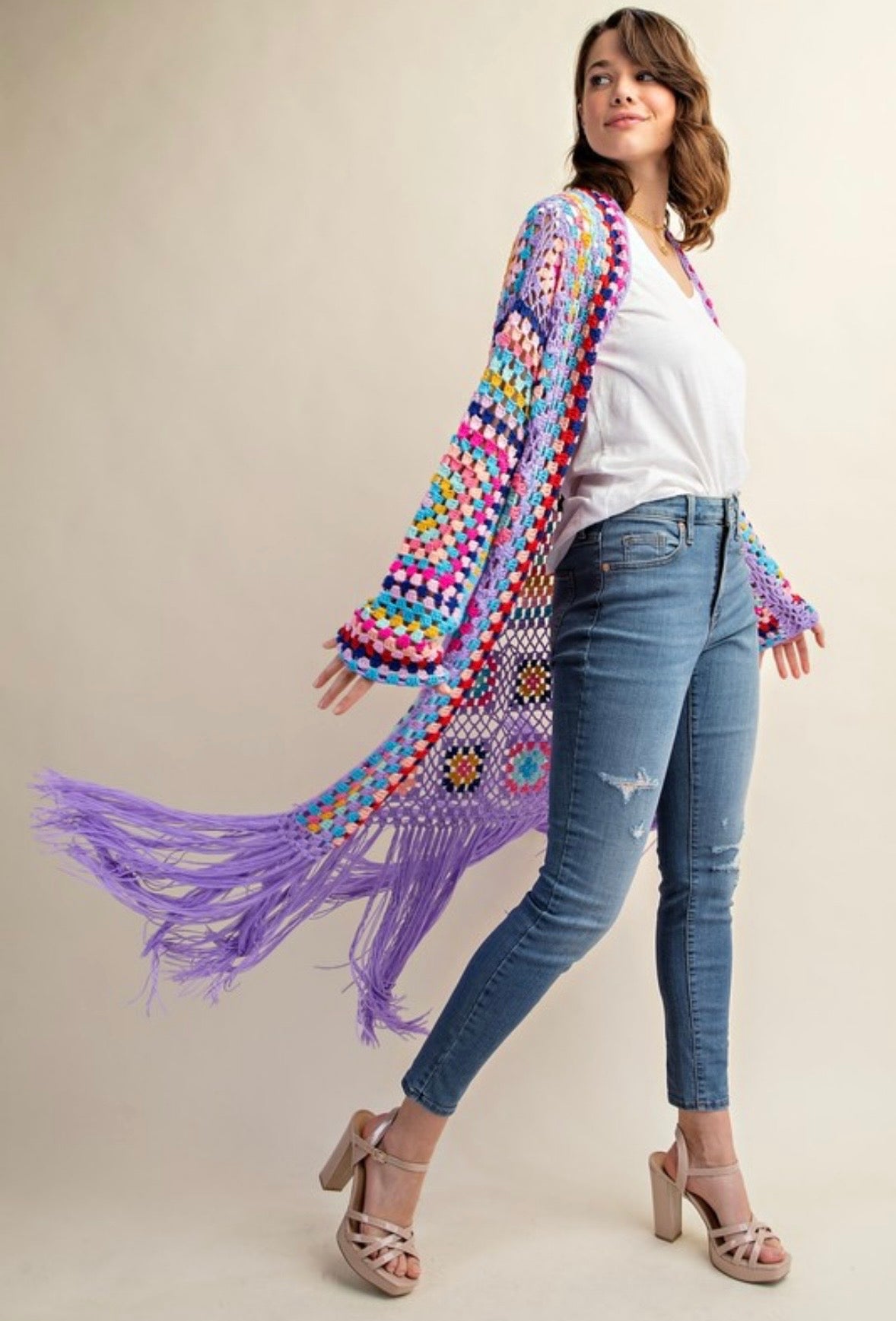 Purple Granny Square Duster w/ Fringe detail