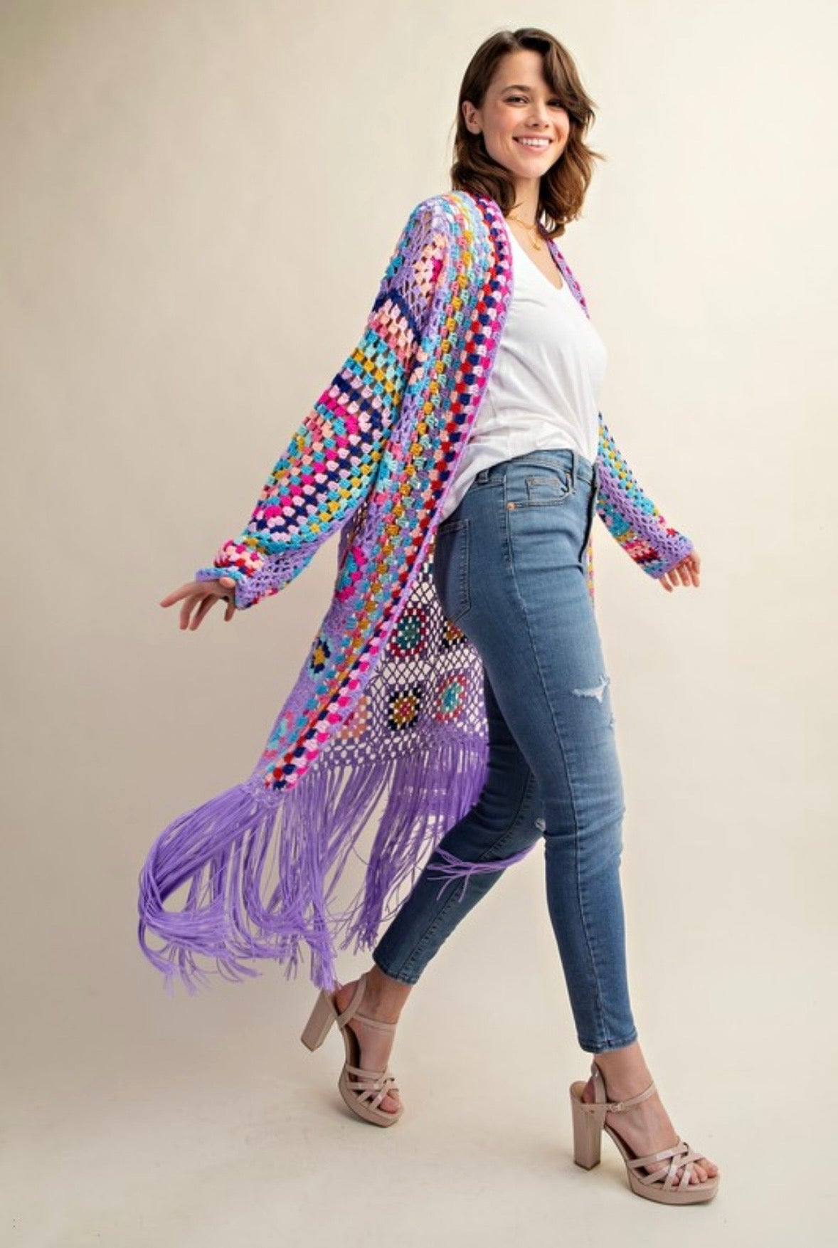 Purple Granny Square Duster w/ Fringe detail