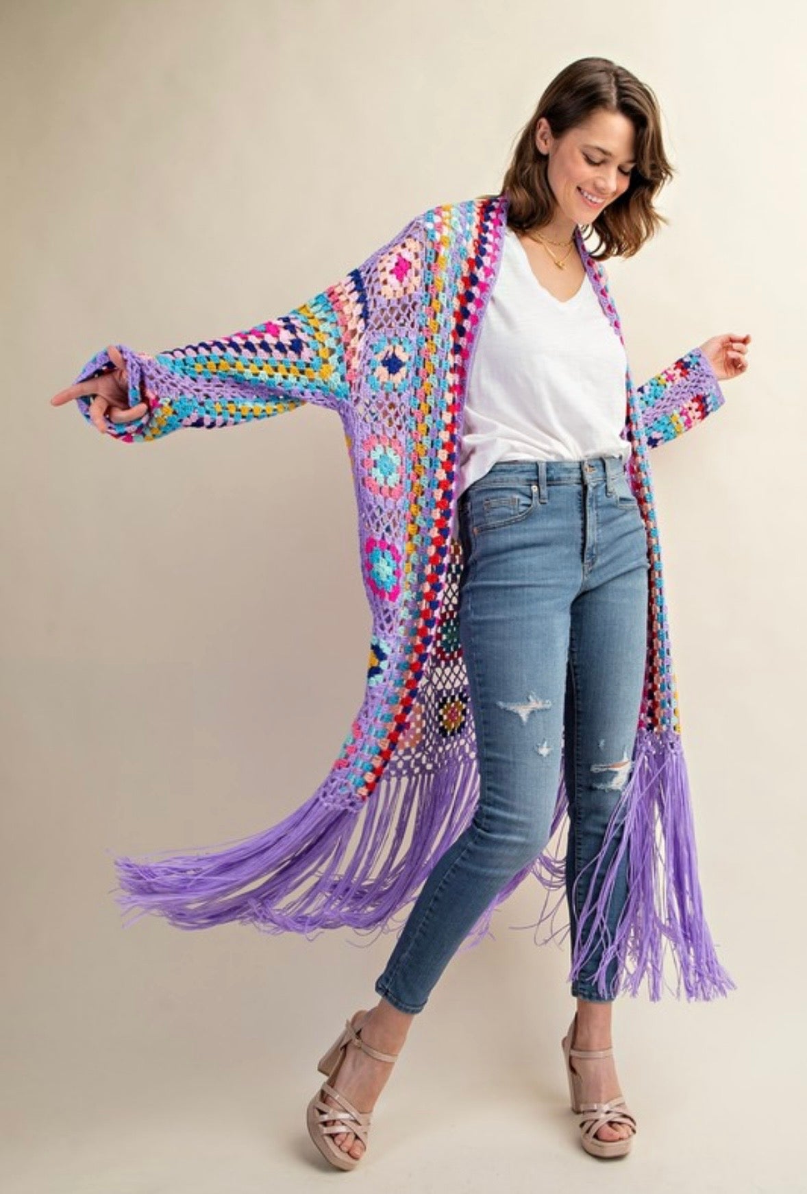 Purple Granny Square Duster w/ Fringe detail