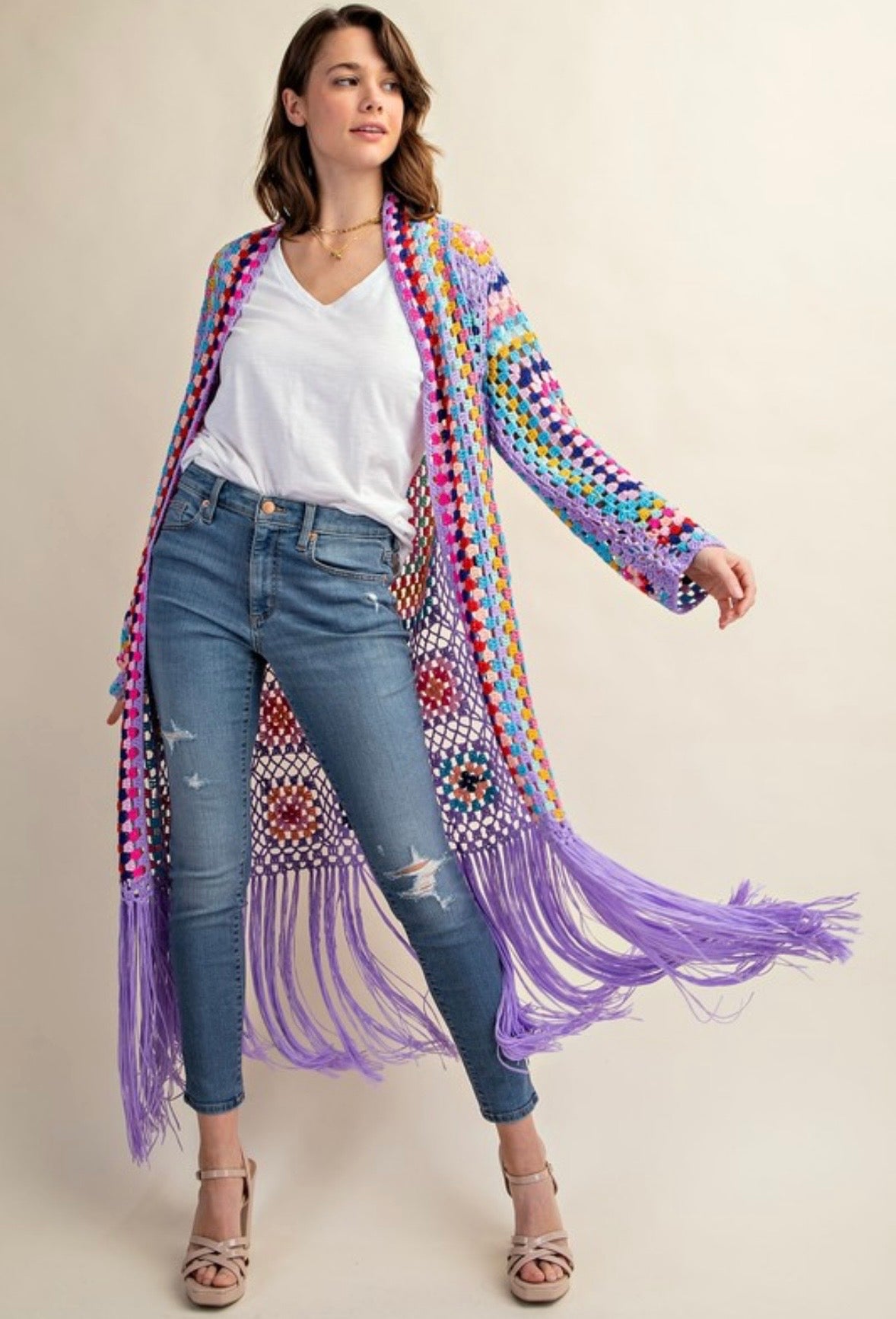 Purple Granny Square Duster w/ Fringe detail