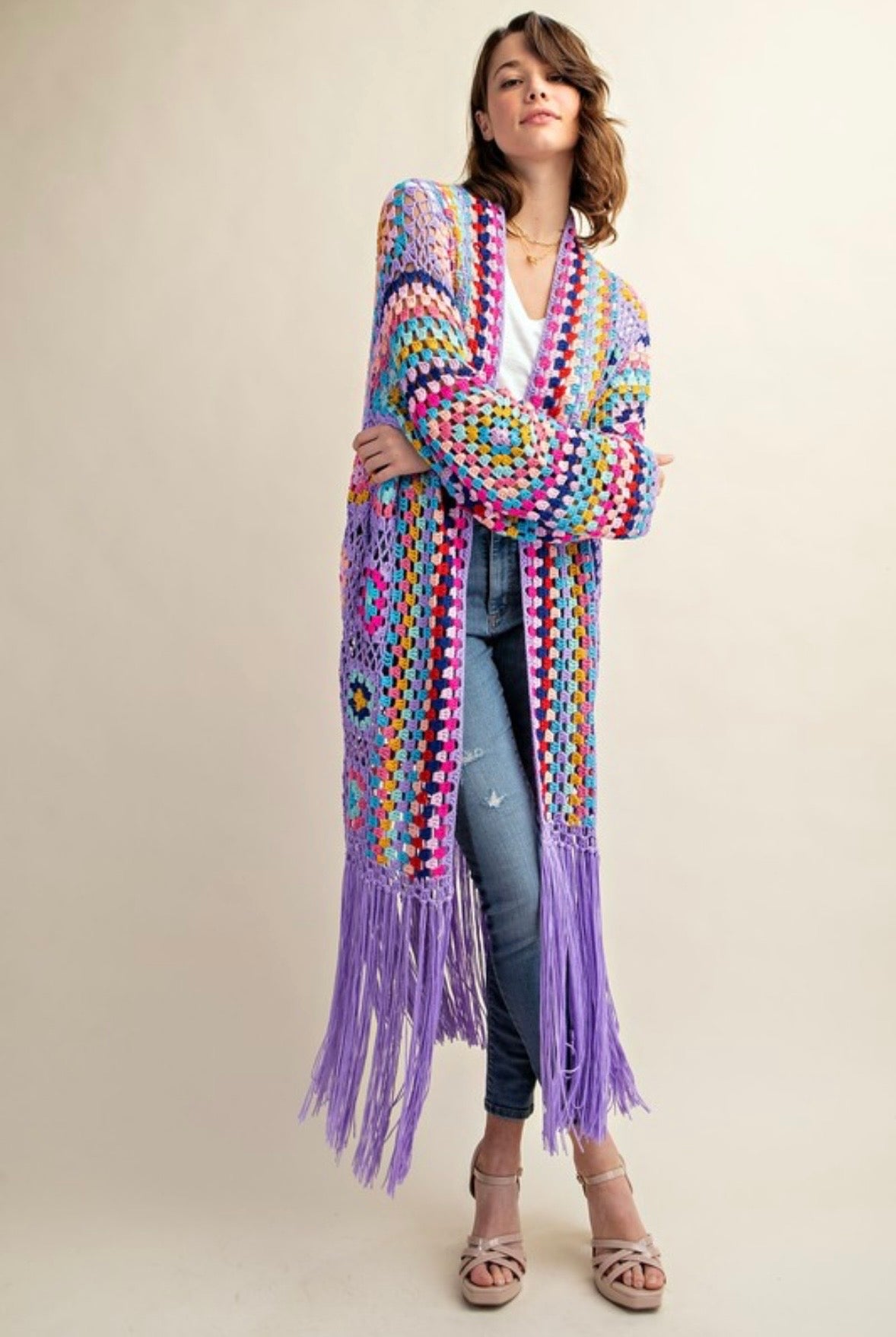 Purple Granny Square Duster w/ Fringe detail