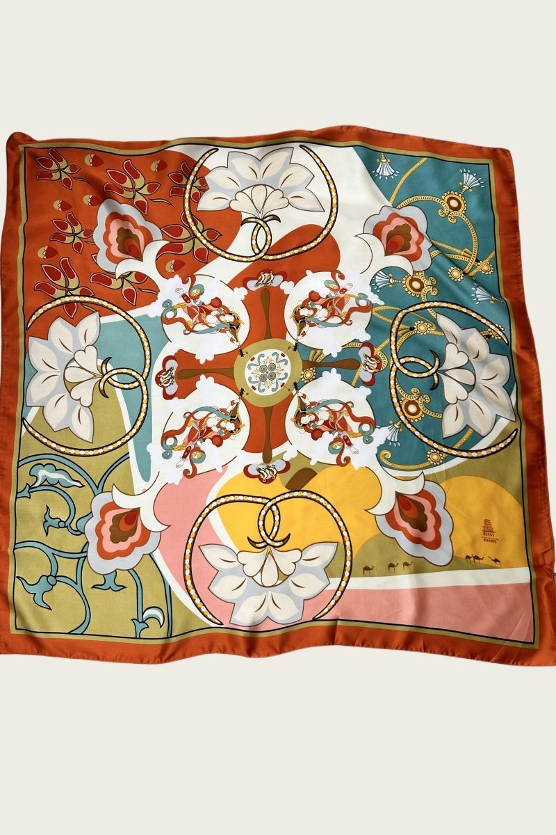 Floral Chain Print Scarf - Vintage Silk-Like Square 🌸⛓️ Leto Collection
